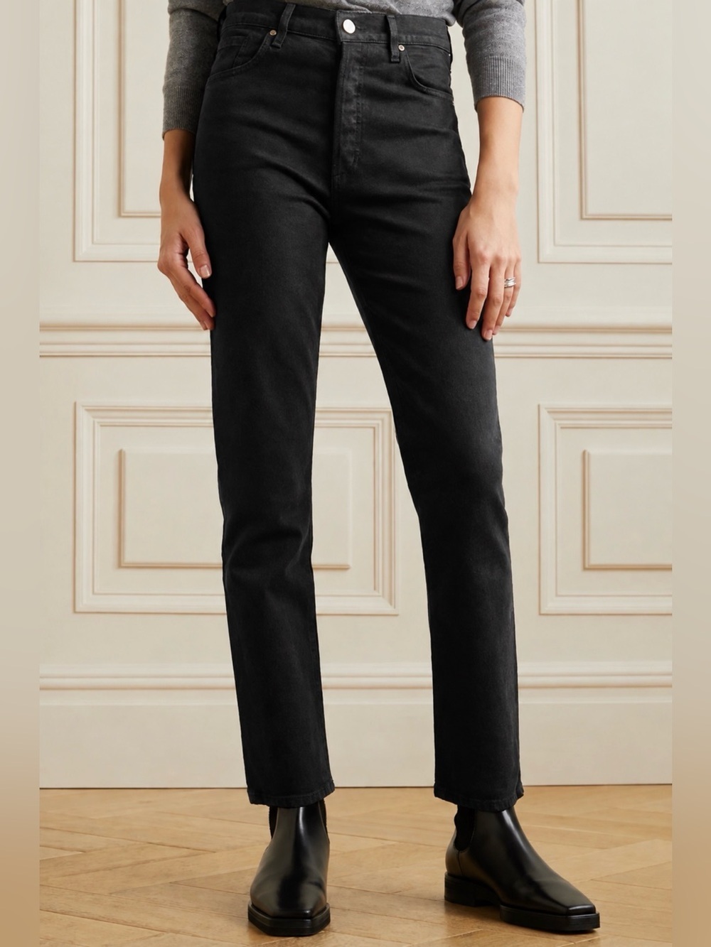 $350 Goldsign Black Morgan High-Rise Straight Leg Jeans Size 27 Quiet Luxury